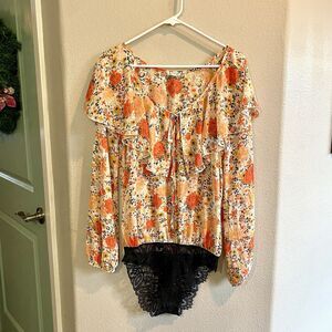 Free People Say It to Me Bodysuit, Size Small Colorful Floral Chiffon
